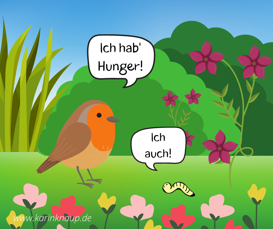 Comic Hungrige Gartenbewohner Vogel und Wurm